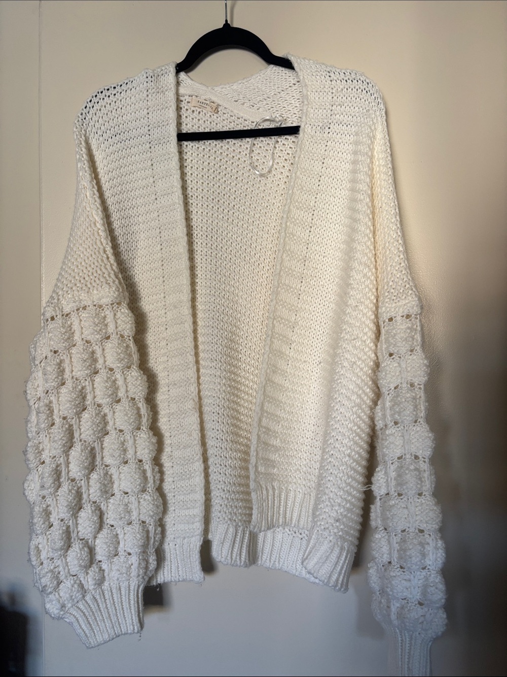 Harper Cream Open-Front Knit Cardigan with Bubble Sleeves